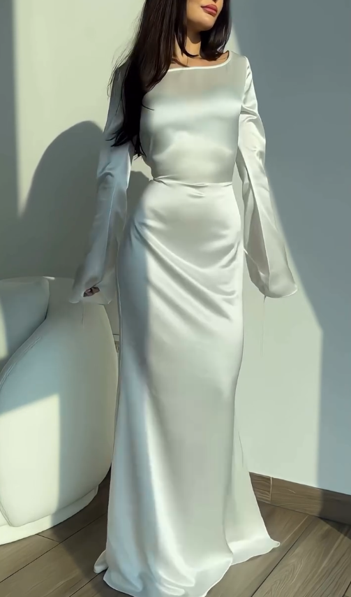 Classic White Mermaid Long Sleeve Satin Prom Dress Evening Dress DP3885