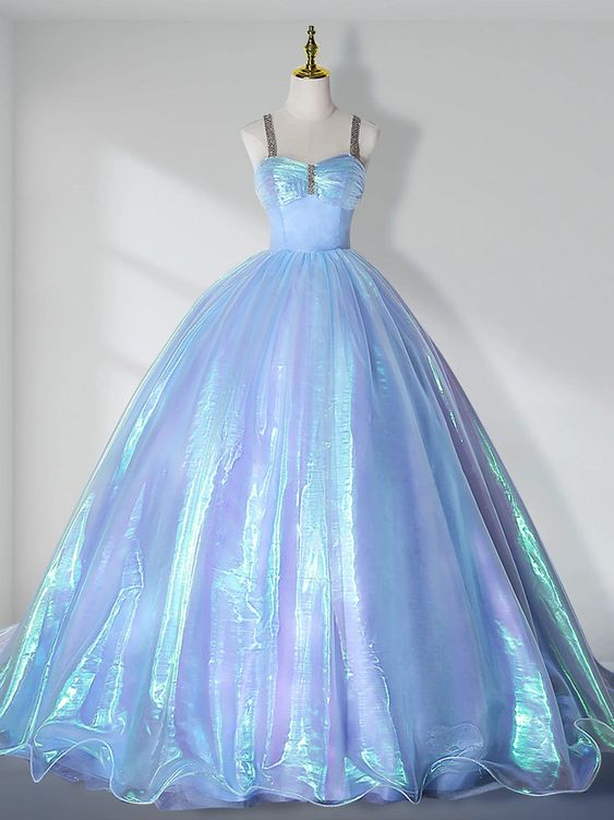 Luxurious Sky Blue Sweetheart Neck Beaded Tulle Long Prom Dress Quinceanera Dress  DP526