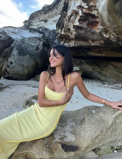 Simple Yellow Sheath Spaghetti Straps Satin Prom Dress Outfits DP4661