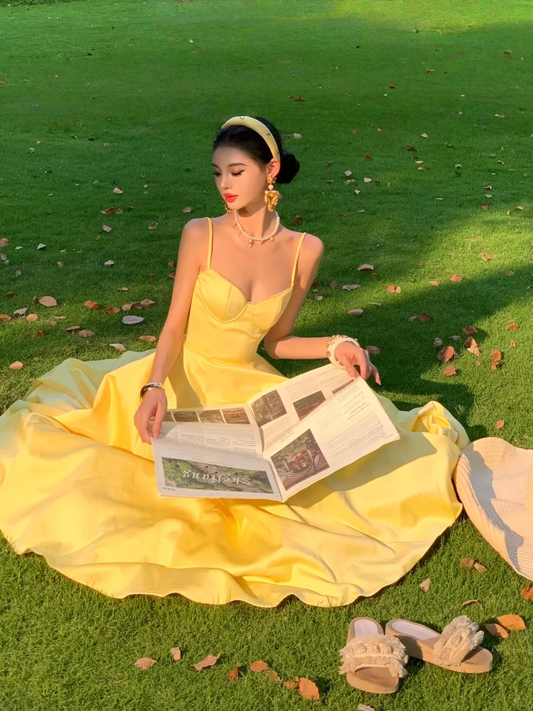 Yellow A Line Spaghetti Strap Satin Prom Dress 16th Birthday Dress DP3963