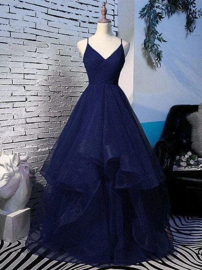 Shiny Navy Blue V Neck Tulle Long Prom Dress Evening Dress DP315