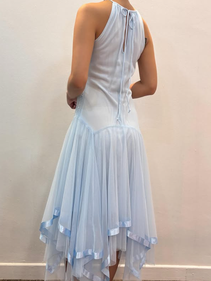 Vintage Baby Blue A Line Halter Embroidery Tulle Prom Dress Evening Dress Date Dress DP5288