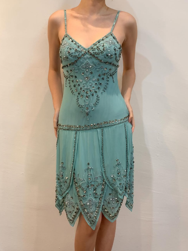 Vintage Sheath Spaghetti Strap Beaded Chiffon Short Prom Dress Evening Dress DP1687
