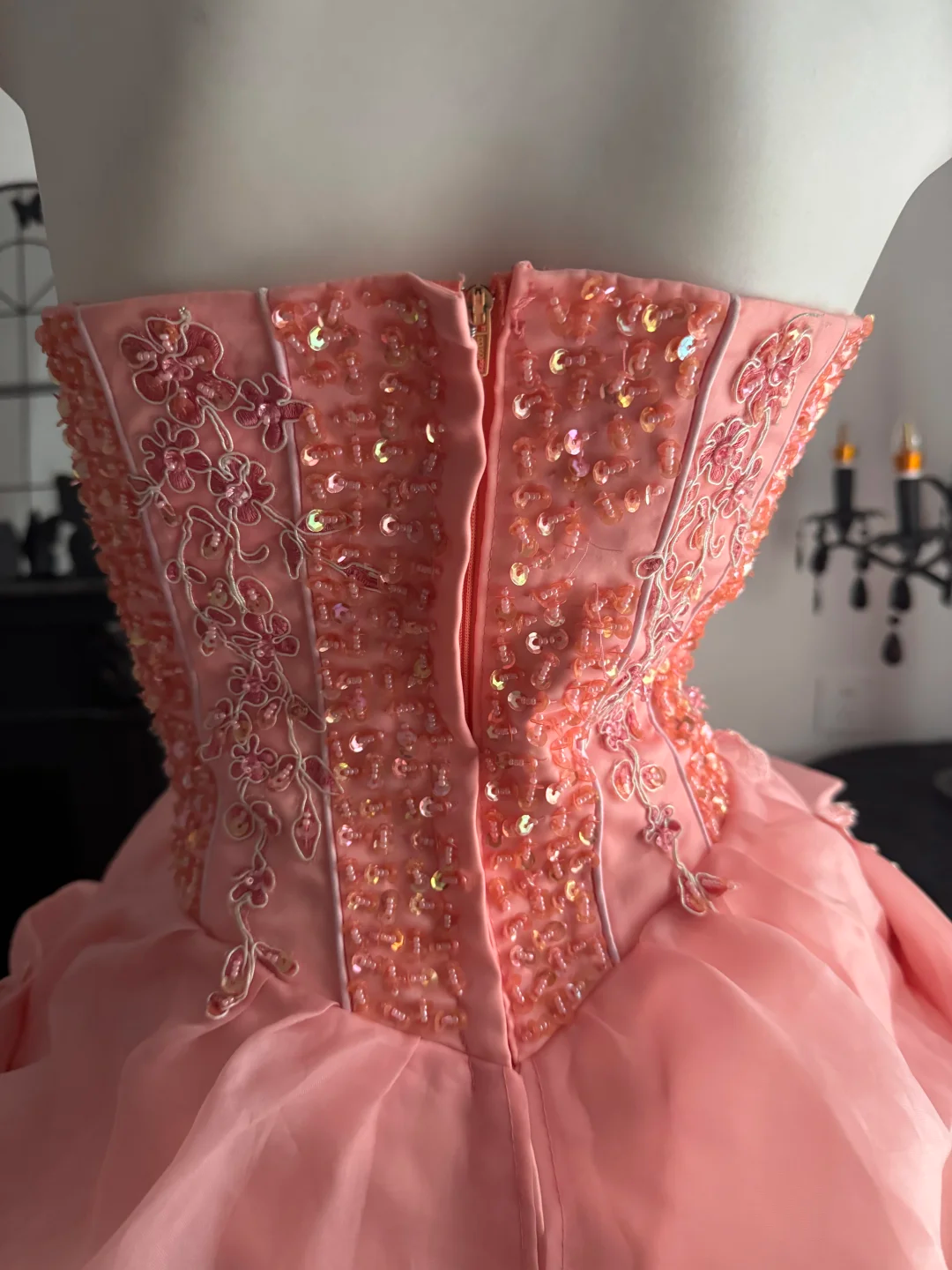 Peach Pink Ball Gown Strapless Beaded Tulle Prom Dress Quinceanera Dress DP6964