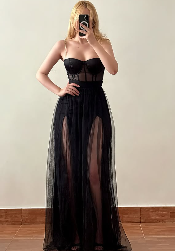 Sexy Black A Line Spaghetti Strap Corset Satin Tulle Slit Prom Dress Evening Dress DP6418