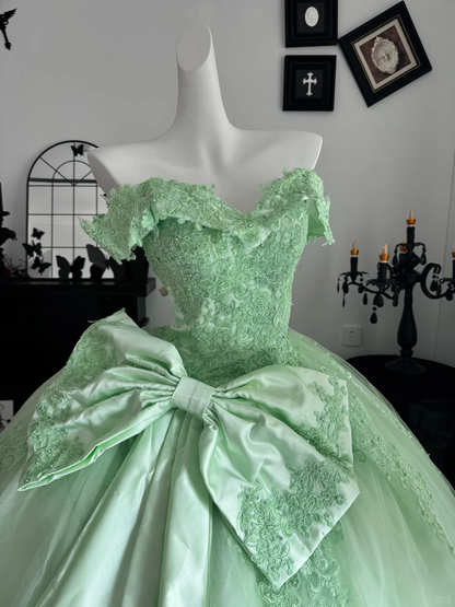 Green Ball Gown Off the Shoulder Bow Applique Tulle Prom Dress Quinceanera Dress DP6953