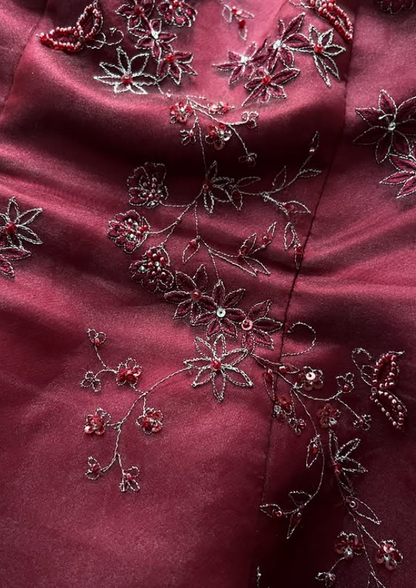 Vintage A Line Strapless Exquisite Beaded Burgundy Satin Prom Dress Evening Dress DP5723
