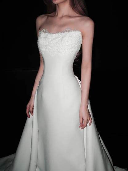 Simple A Line Strapless White Lace Satin Wedding Dress DP5305