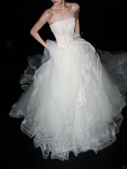 Pretty Ball Gown Strapless Corset White Ruffle Tulle Long Wedding Dress DP8094
