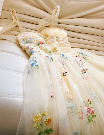 Cute Yellow A Line Spaghetti Strap Embroidery Floral Tulle Prom Dress Party Dress DP4490