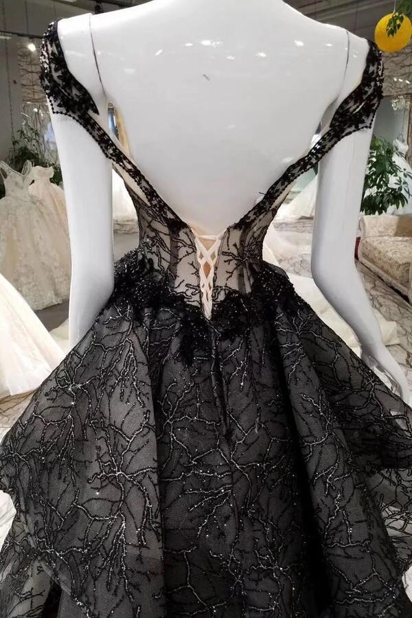 Unique Black Off The Shoulder Tulle Prom Dress Appliques Evening Ball Gown DP110