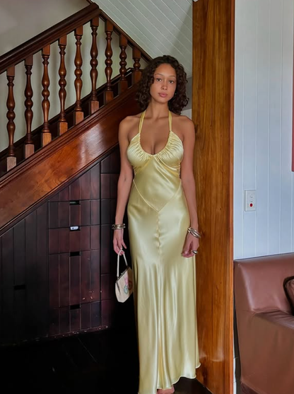Sexy Yellow Sheath Strap Satin Open Back Prom Dress Evening Dress DP5503