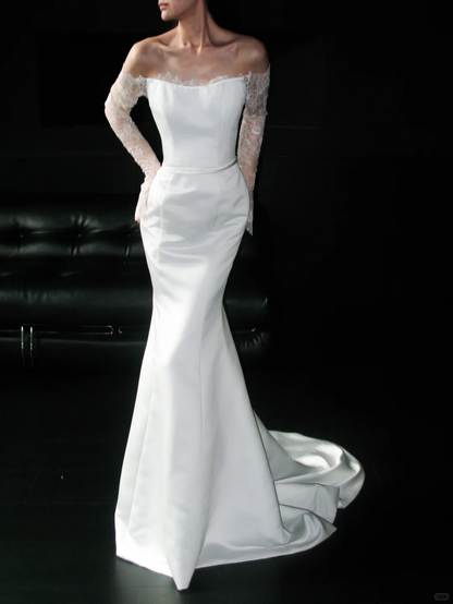 Graceful Mermaid Long Sleeve White Lace Satin Long Wedding Dress DP5208