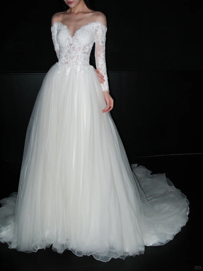 White Ball Gown Long Sleeve Exquisite Lace Tulle Long Wedding Dress DP8106