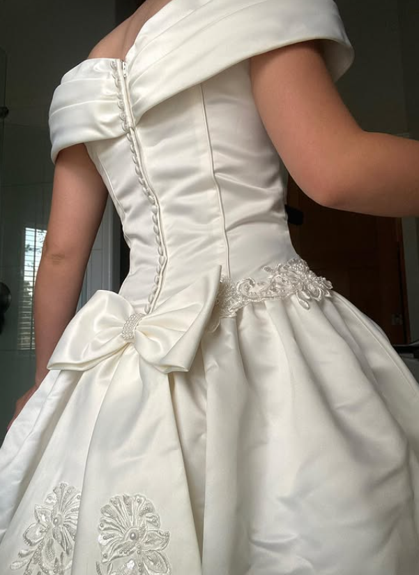 Beautiful A Line Off the Shoulder Ivory Beaded Satin Wedding Dress Prom Dress DP5539