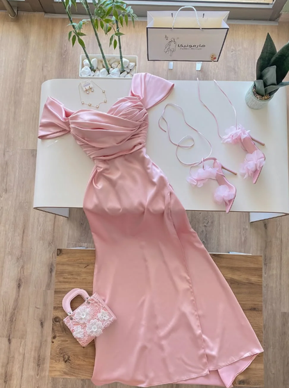 Gentle Simple Pink A Line Pleated Satin Prom Dress Evening Dress DP5257
