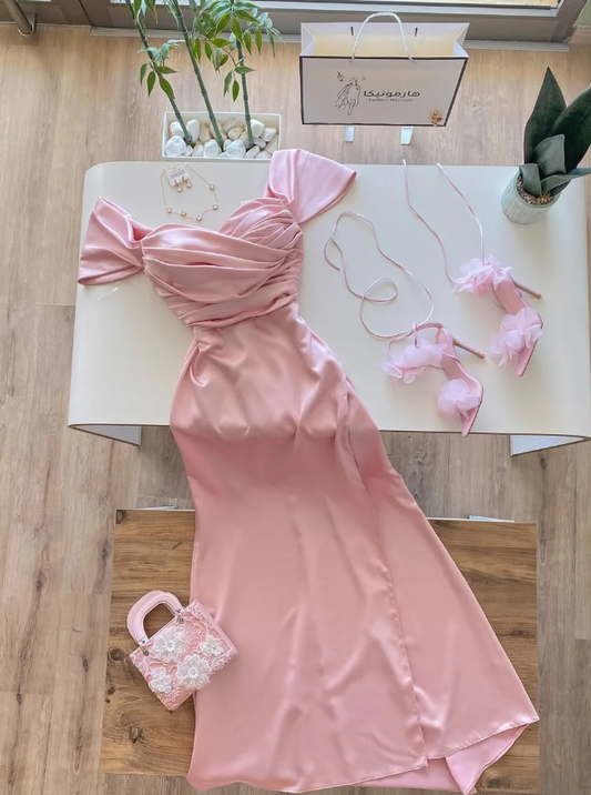 Gentle Simple Pink A Line Pleated Satin Prom Dress Evening Dress DP5257