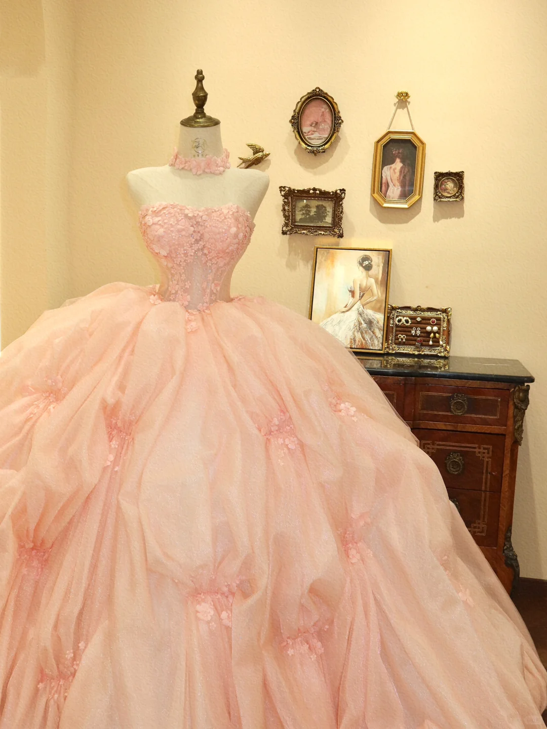 Pink Ball Gown Strapless Appliques Tulle Prom Dress 16th Birthday Dress DP3912