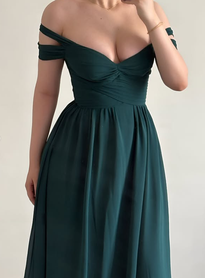 Dark Green A Line Off the Shoulder Satin Prom Dress Evening Dress DP6041