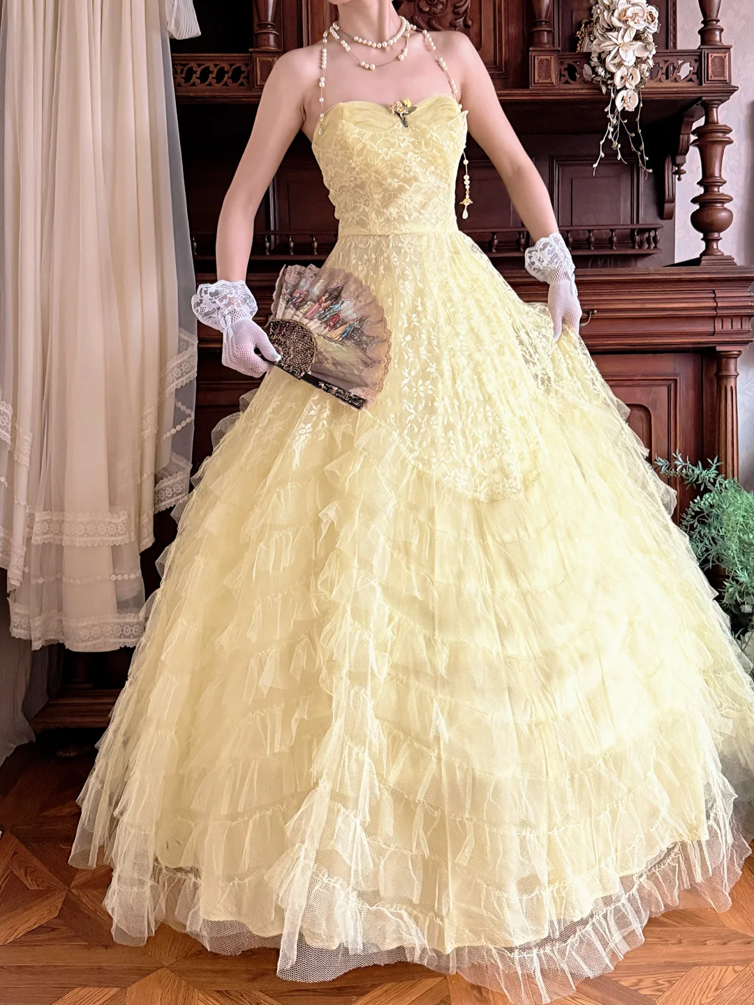 Vintage Yellow A Line Sweetheart Neck Lace Prom Dress Evening Dress DP8248