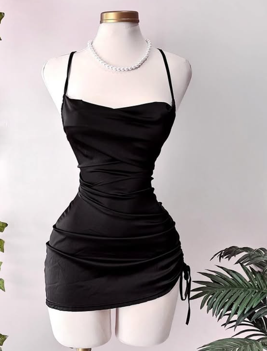 Sexy Black Sheath Spaghetti Strap Pleated Satin Mini Homecoming Dress Cocktail Dress DP3858