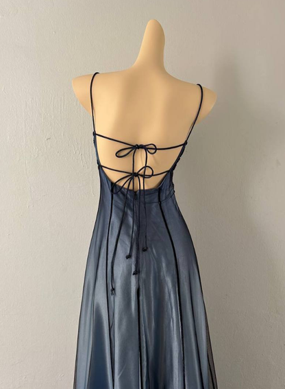 Vintage Blue Ombre A Line Spaghetti Straps Tulle Satin Prom Dress DP4830