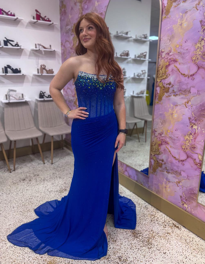 Royal Blue Sheath Strapless Beaded Corset Chiffon Slit Long Prom Dress Evening Dress DP6276