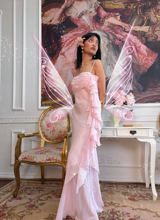 Pink Sheath Straps Ruffle Chiffon Long Prom Dress Evening Dress DP5126