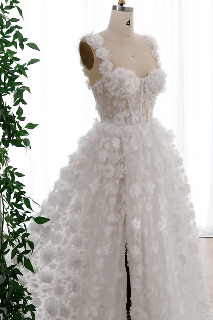White A Line Straps Corset 3D Floral Pearls Prom Dress Evening Dress with Slit DP1206