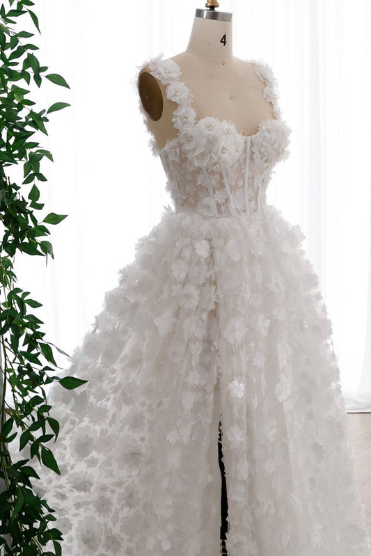 White A Line Straps Corset 3D Floral Pearls Prom Dress Evening Dress with Slit DP1206