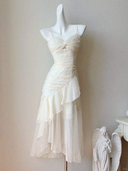 White A Line Spaghetti Strap Ruffle Pleated Chiffon Prom Dresses Outfits DP4197
