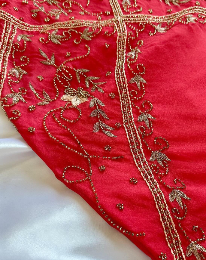 Vintage Red Mermaid V Neck Beaded Chiffon Prom Dress DP5072