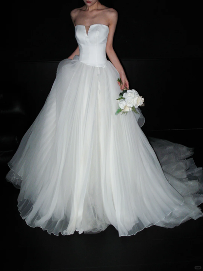 Cute White Ball Gown Sweetheart Neck Satin Tulle Long Train Wedding Dress DP8097
