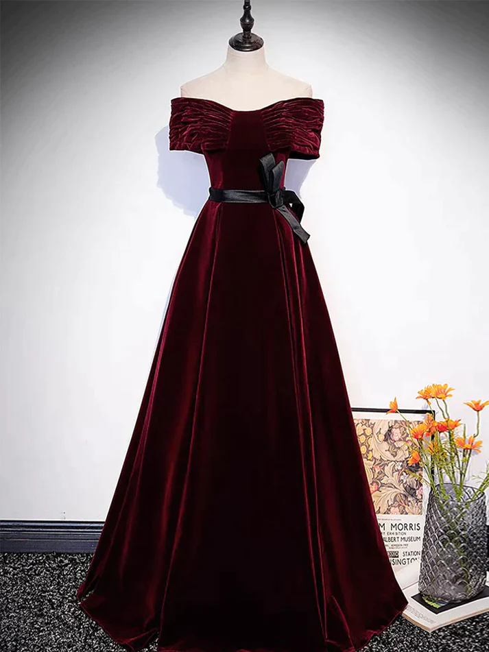 Burgundy Velvet Off The Shoulder Long Evening Dress Prom Dress DP005