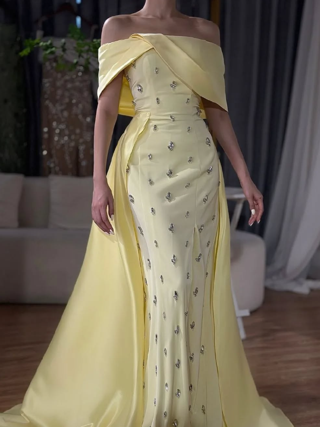 Yellow Sheath Off the Shoulder Rhinestone Satin Long Prom Dress Evening Dress DP1436