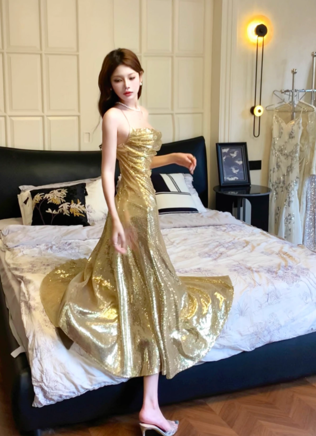 Shiny Golden Mermaid Spaghetti Strap Sequin Prom Dress 16th Birthday Dress with Slit DP3570