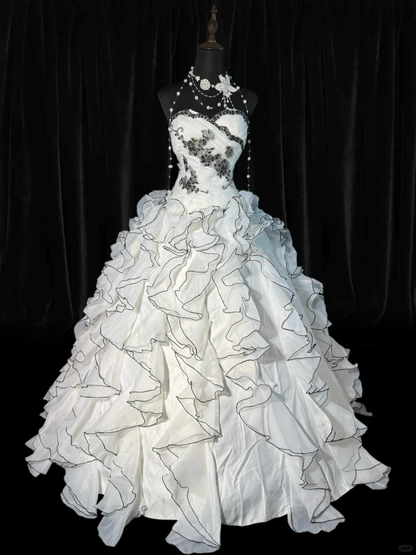 Vintage A Line Sweetheart Neck Appliques Layered Organza Prom Dress Evening Dress DP5226