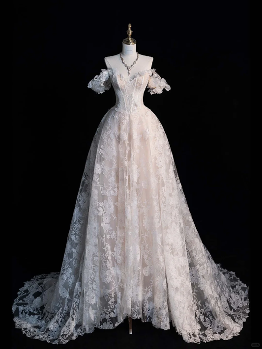 White Gentle A Line Off the Shoulder Floral Lace Long Prom Dress Wedding Dress DP3236