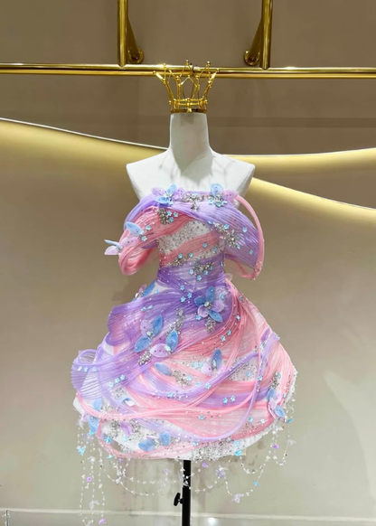 Dreamy Fairy A Line Exquisite Beaded Blue Pink Tulle Short Prom Dress Homecoming Dress DP6629