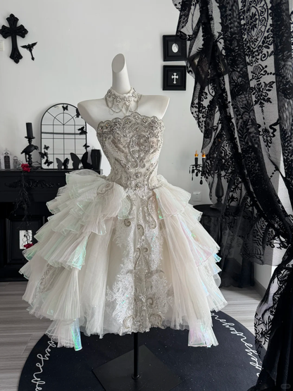 Glamorous A Line Strapless Shiny Beaded Tulle Short Prom Dress Homecoming Dress DP6976