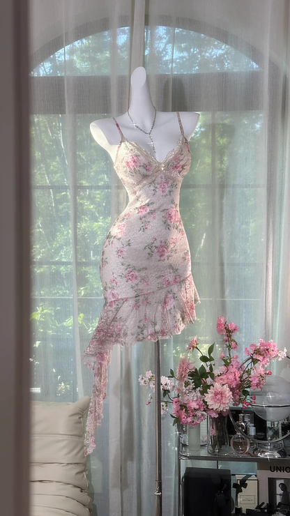 Vintage Sheath Straps Print Floral Lace Ruffle Short Homecoming Dress Outfits DP4950