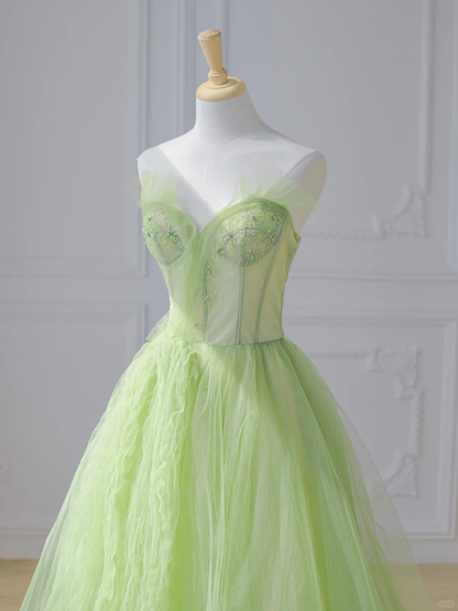 Green A Line Sweetheart Neck Beaded Tulle Long Prom Dress Party Dress DP2723