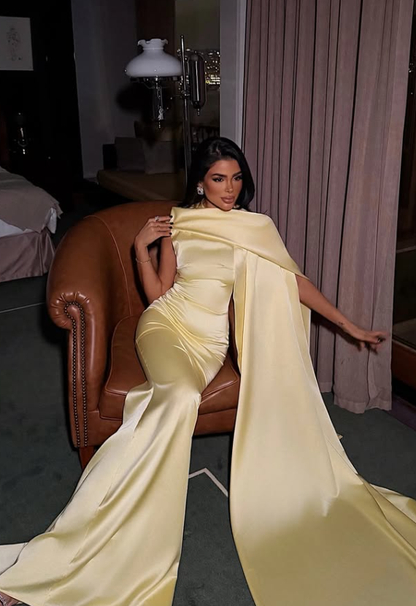 High-class Yellow Mermaid Satin Long Prom Dress Evening Dress DP8176