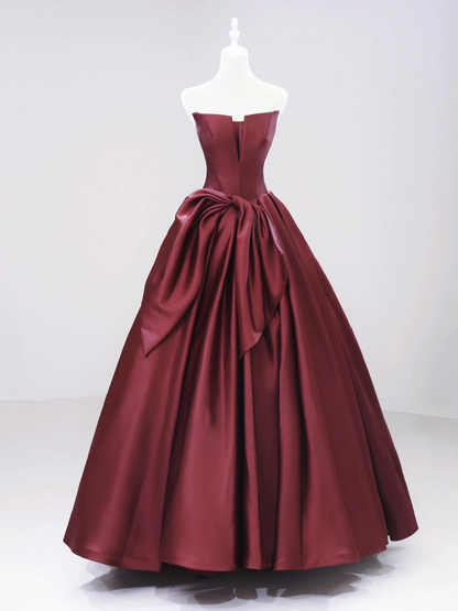 Strapless Burgundy Satin Long A-Line Prom Dress  DP602