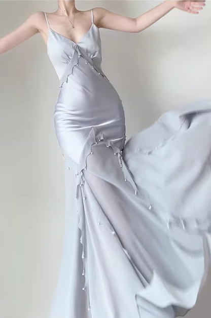 Gentle Mermaid Spaghetti Strap Pearl Chiffon Satin Prom Dress Evening Dress Party Dress DP3583