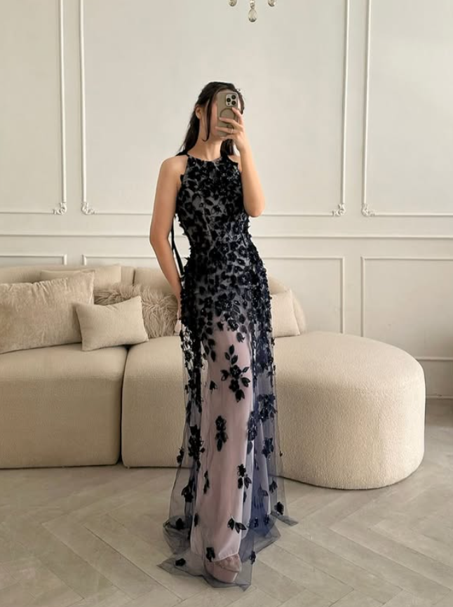 Black A Line Halter Appliques Tulle Prom Dress Evening Dress DP5775