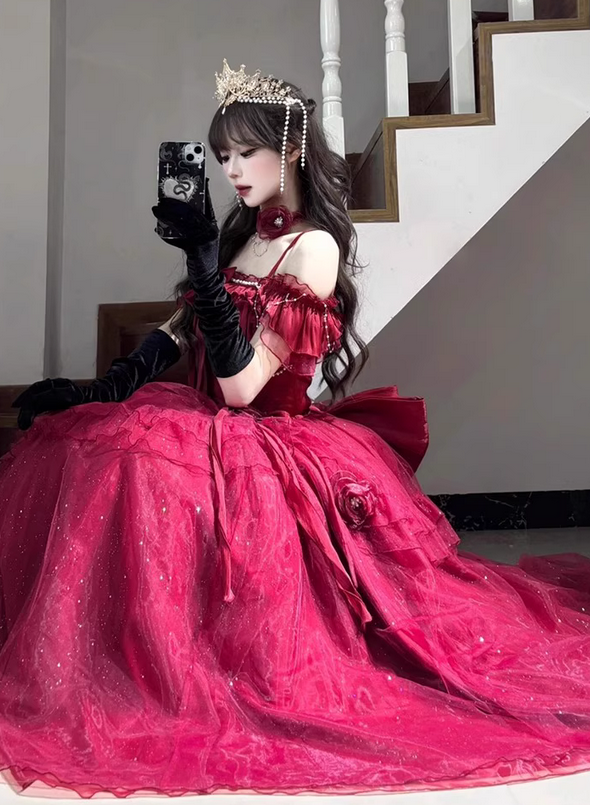Burgundy Ball Gown Straps Pearls Sequin Tulle Prom Dress 16th Birthday Dress DP4502