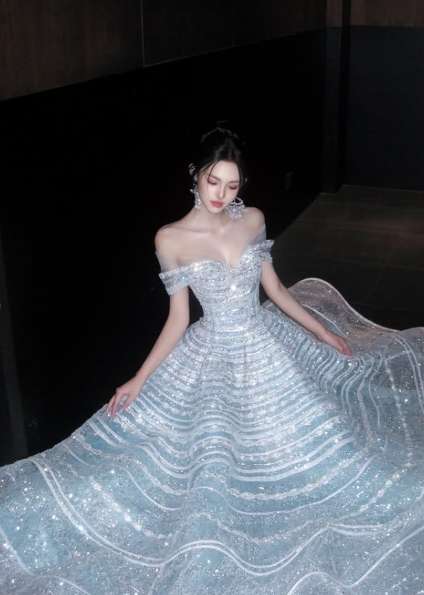 Shiny Ball Gown Off the Shoulder Silver Sequin Tulle Prom Dress DP4294