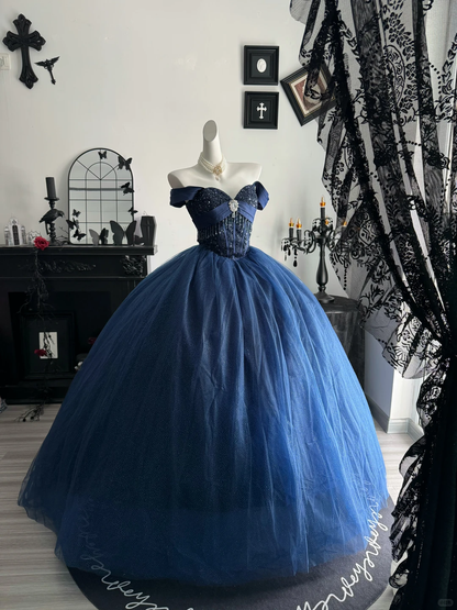 Navy Blue Ball Gown Off the Shoulder Beaded Sequin Prom Dress Quinceanera Dress DP6960