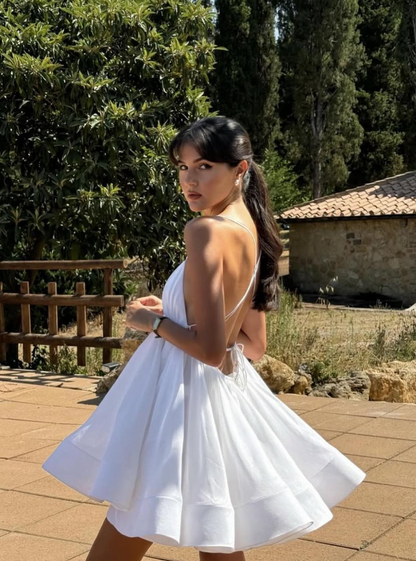 Cute A Line Spaghetti Strap White Satin Short Homecoming Dress Birthday Dress DP1837